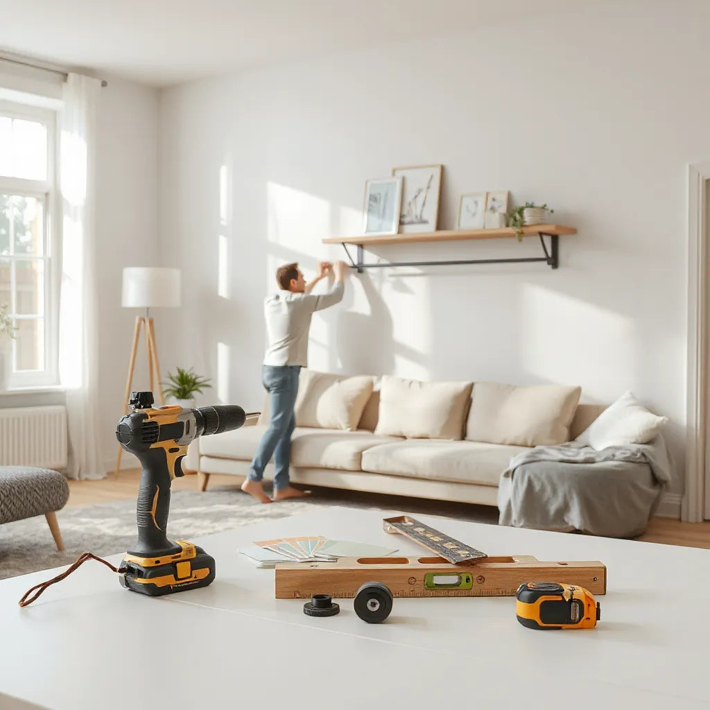 Bright living room with a person arranging a new rug and wall shelf using simple tools