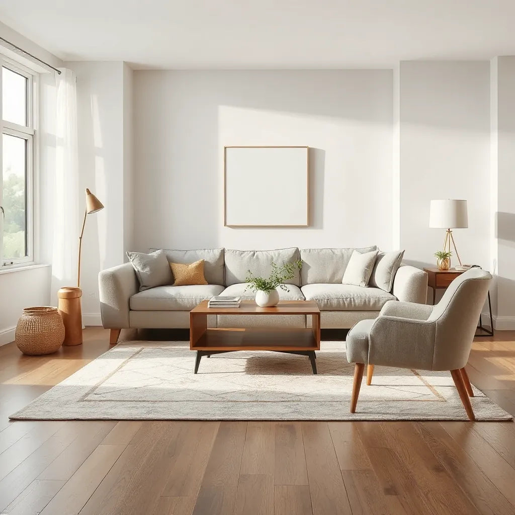 Modern living room with premium sofa, wooden coffee table, accent chair, and warm natural light