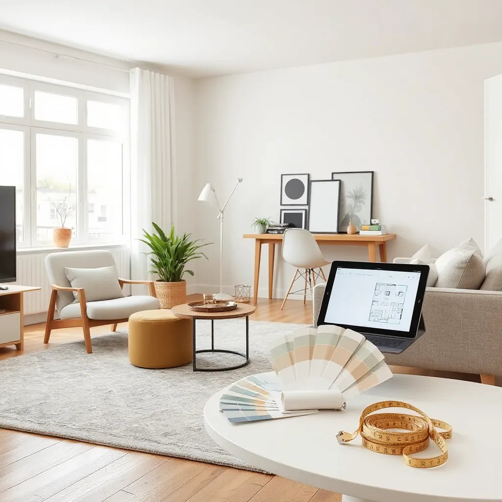 Bright modern living room with a designer desk, color swatches, and a simple floor plan