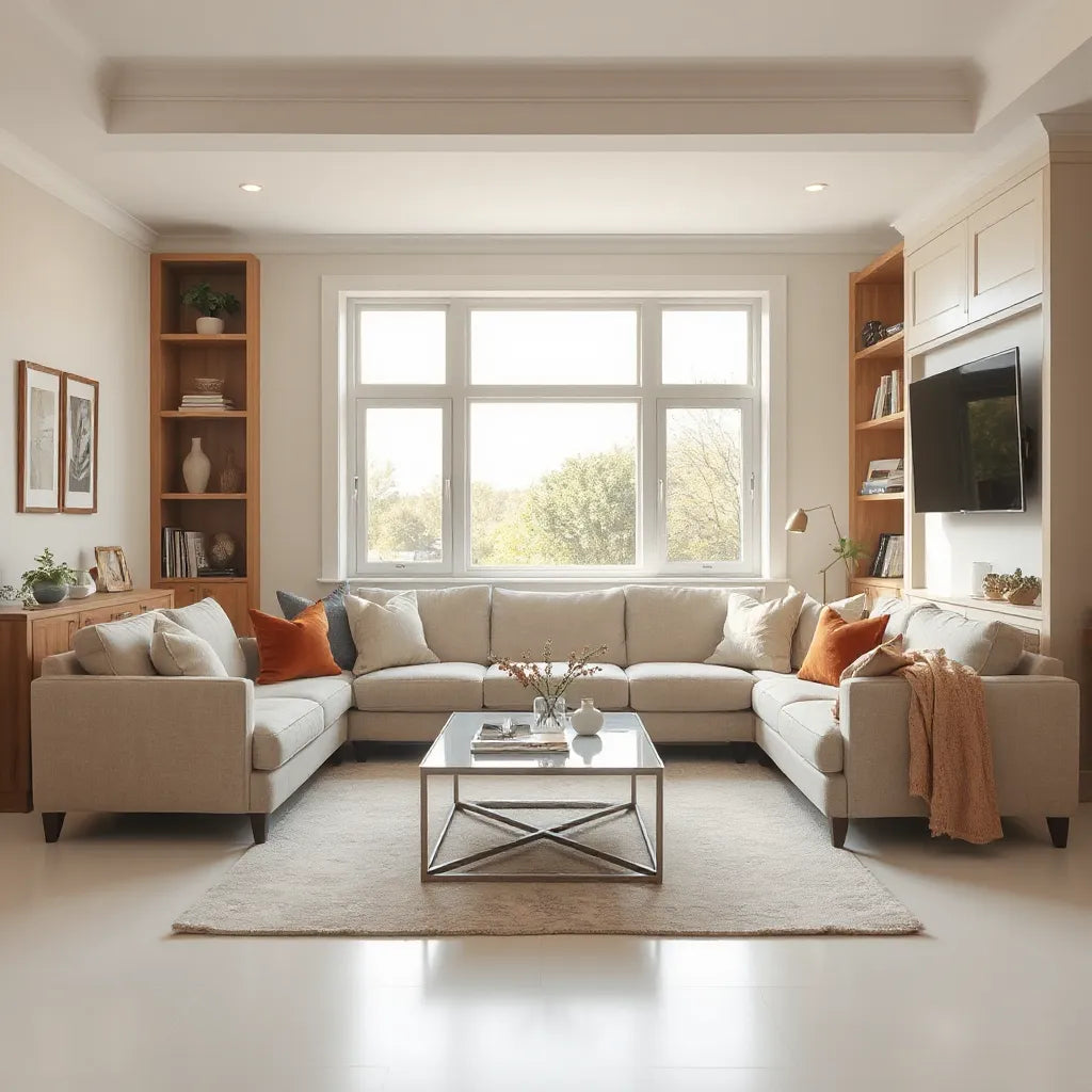 Bright living room with built-in shelving and tailored furnishings in a custom interior layout