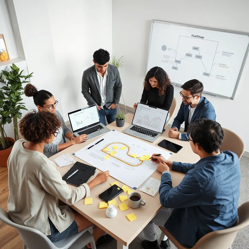 Team reviewing a development roadmap and project plan on a clean desk