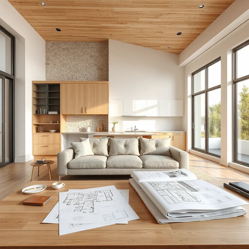 Bright open-concept living space with custom shelving and floor plans on a drafting table