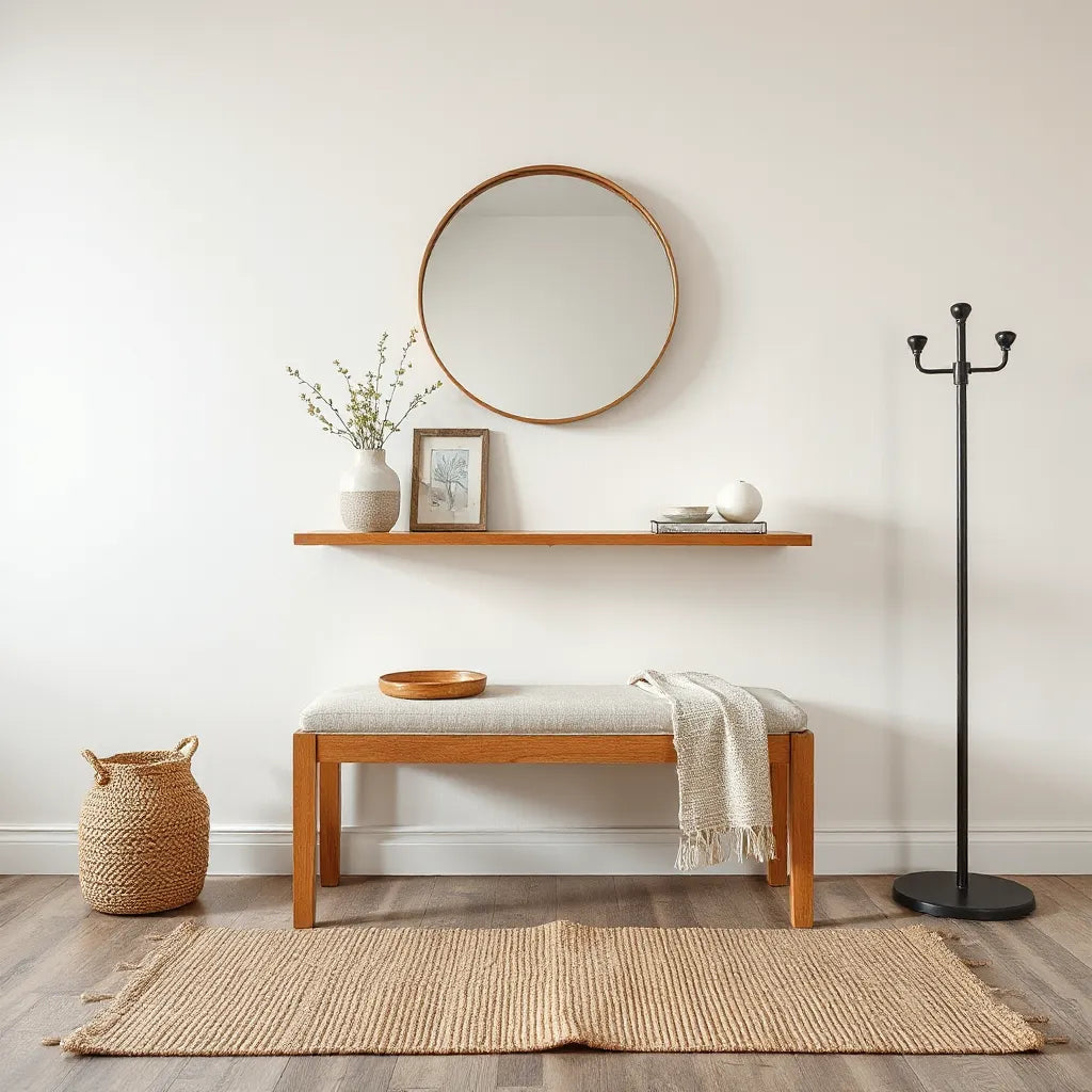 Console table and bench set in a bright entryway with a mirror and key tray