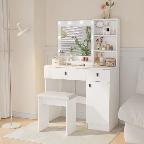White Makeup Vanity Desk With Lights And Mirror