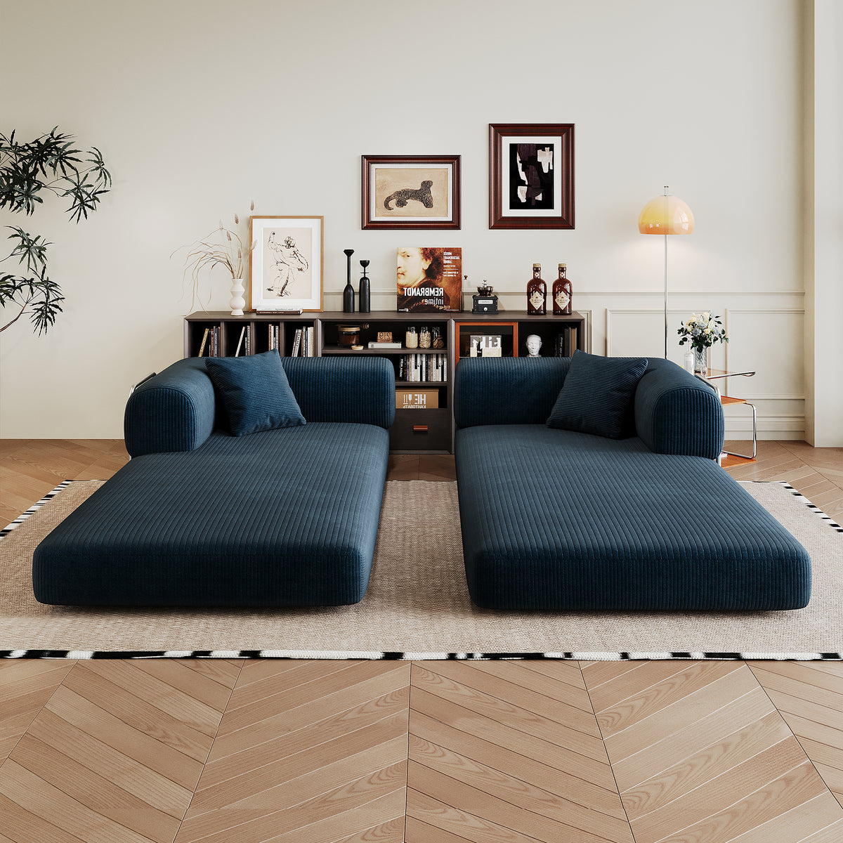 Blue Anthony & Home corduroy convertible sofa bed with plush cushions and modern design, ideal for living room seating and sleeping.
