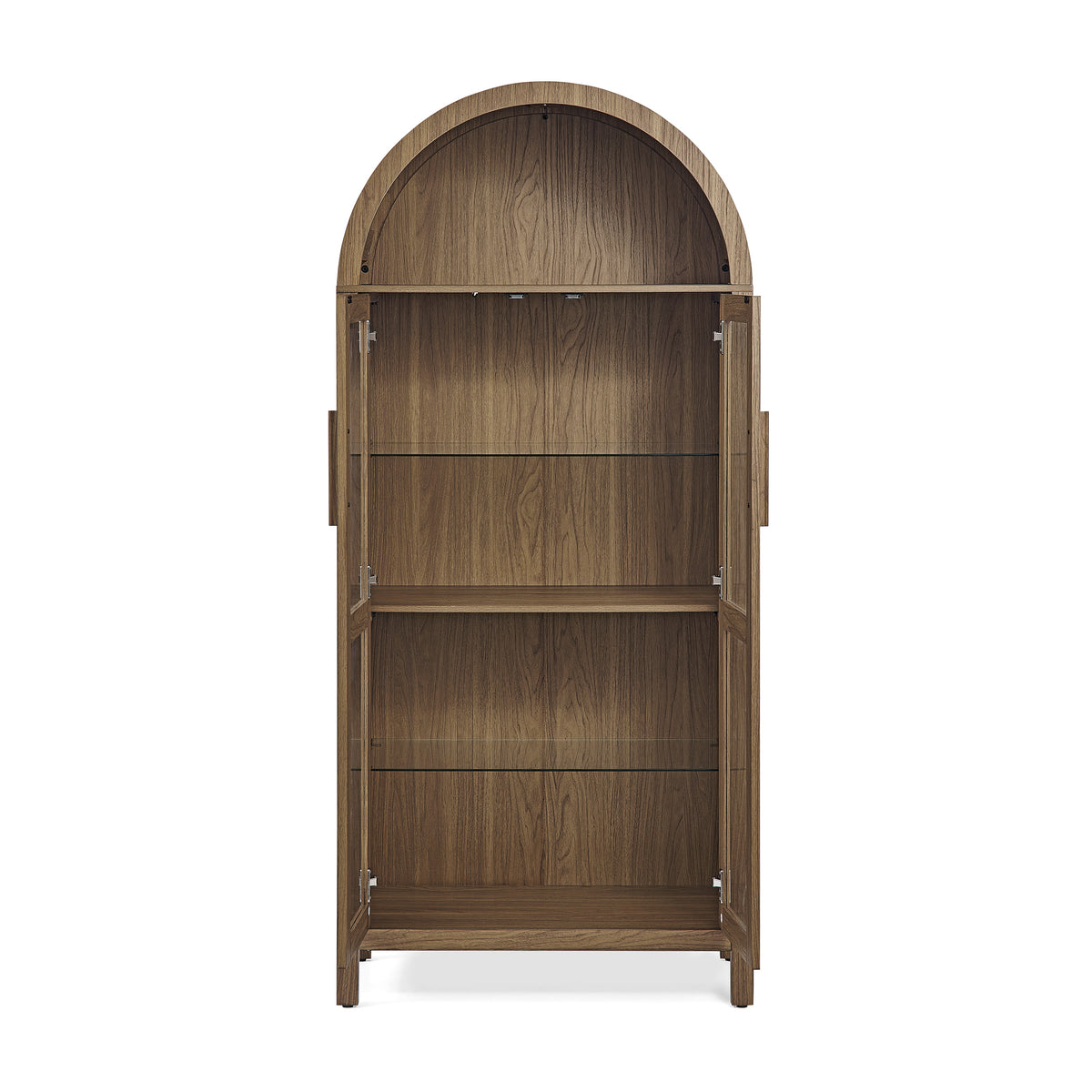 Arched walnut storage cabinet with a built-in lamp by Anthony & Home, showcasing elegant wood finish and stylish design.