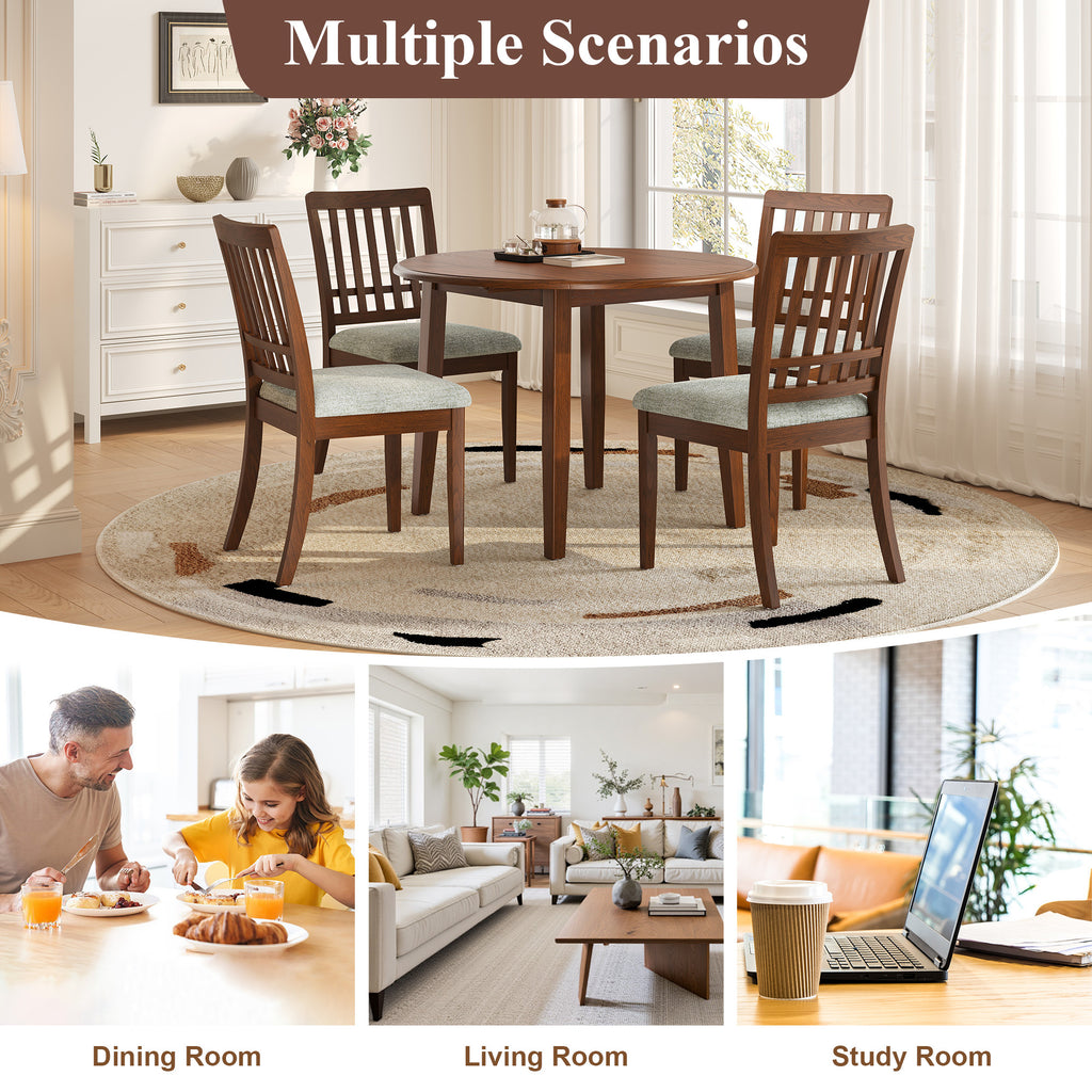 Anthony & Home Atelier Walnut extendable round dining table with sleek wood finish, shown with extended leaves for 2-4 people.
