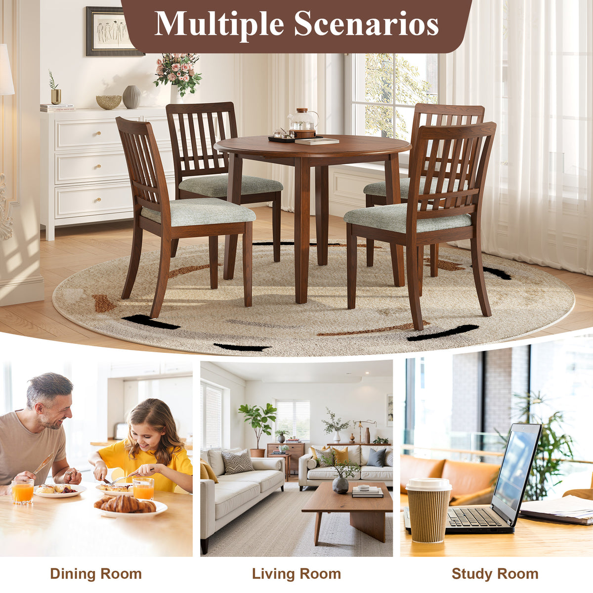 Anthony & Home Atelier Walnut extendable round dining table with sleek wood finish, shown with extended leaves for 2-4 people.