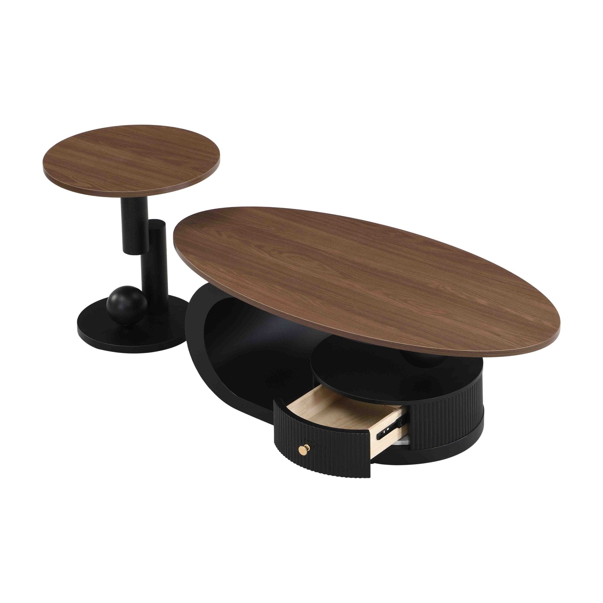 Anthony & Home nesting coffee tables set with black iron frames and natural wood tops, two-piece modern accent tables.