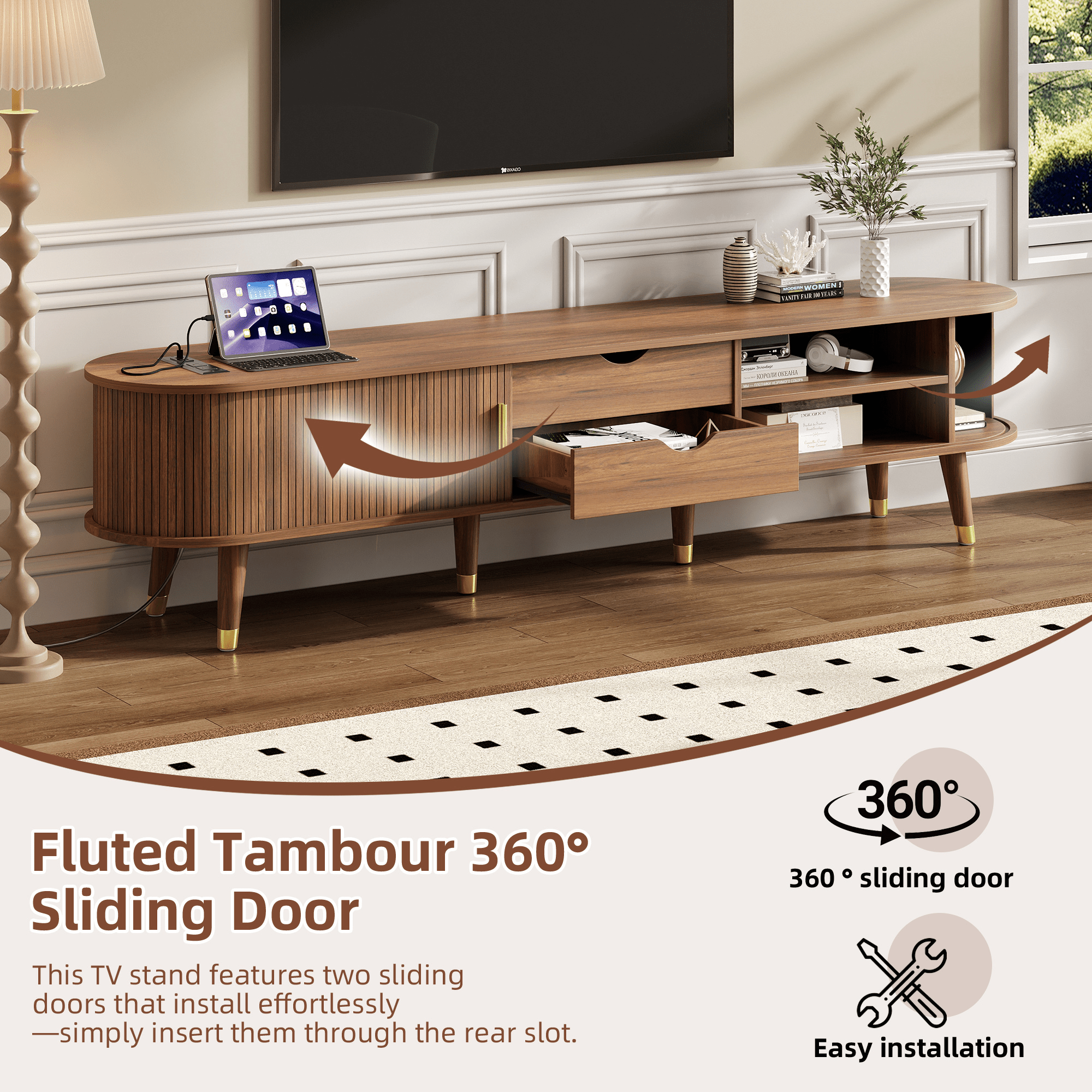 Walnut mid-century TV stand by Anthony & Home with sleek design, two open shelves, and storage cabinets for modern living rooms.