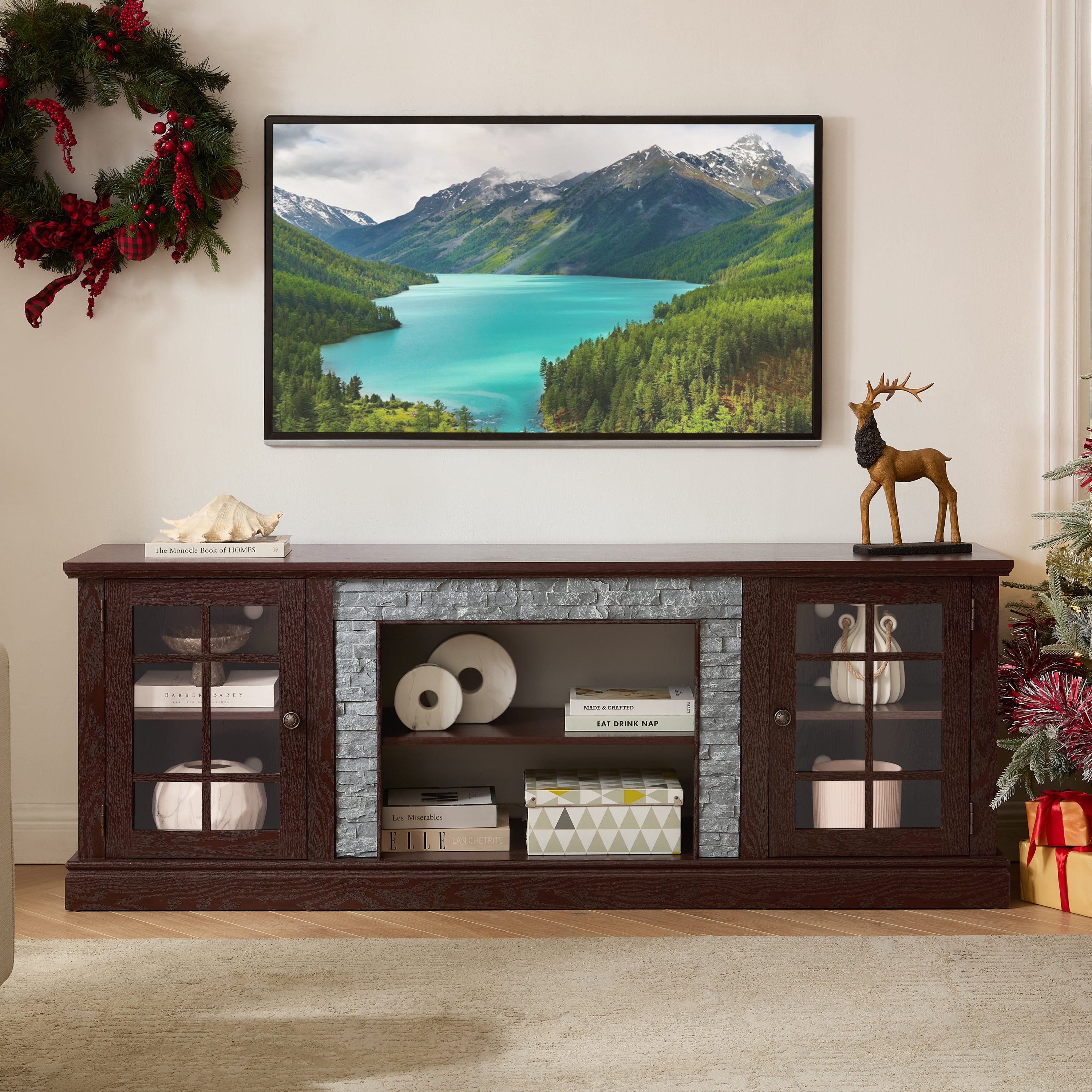 Modern 70-inch Cherry TV stand with faux stone accents, two-door storage, and spacious media console for living room entertainment.