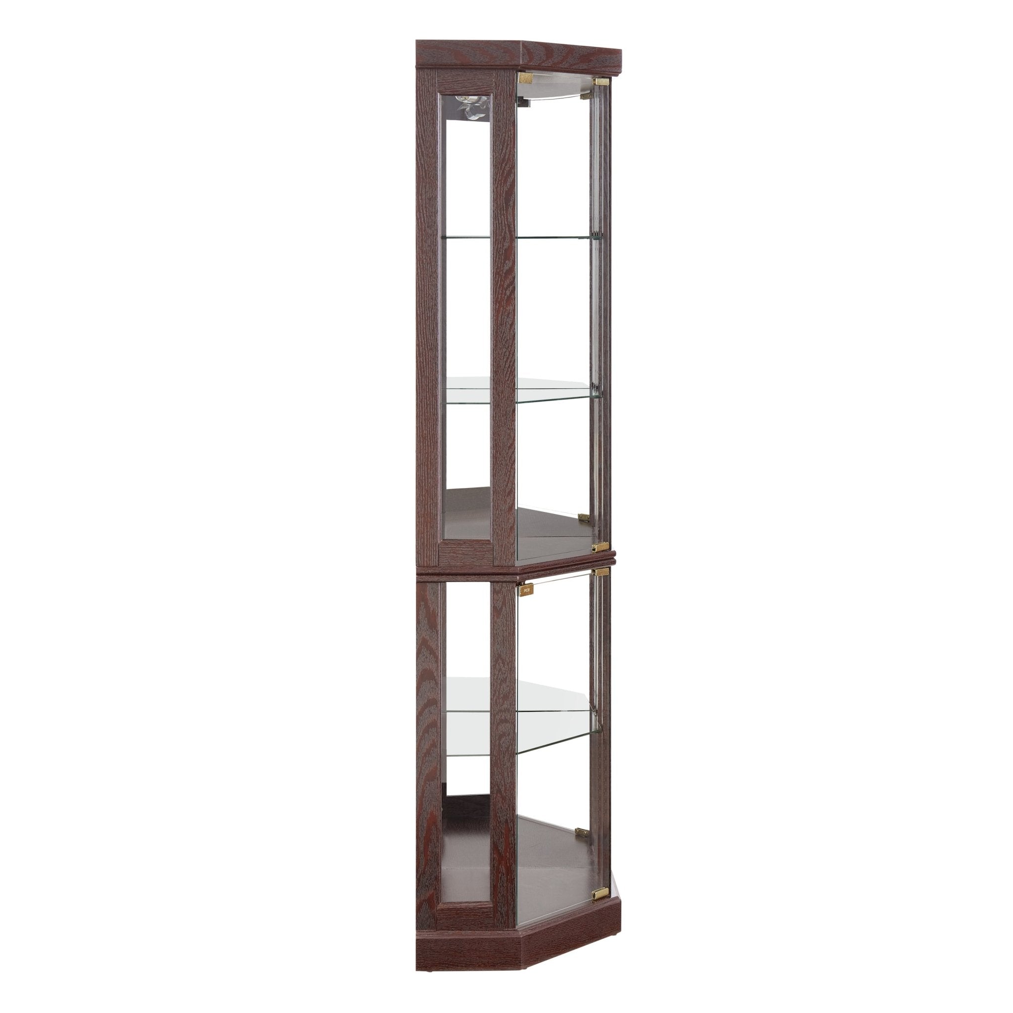 Dark cherry corner curio cabinet by Anthony & Home with glass doors and display shelves for collectibles and decorative items.