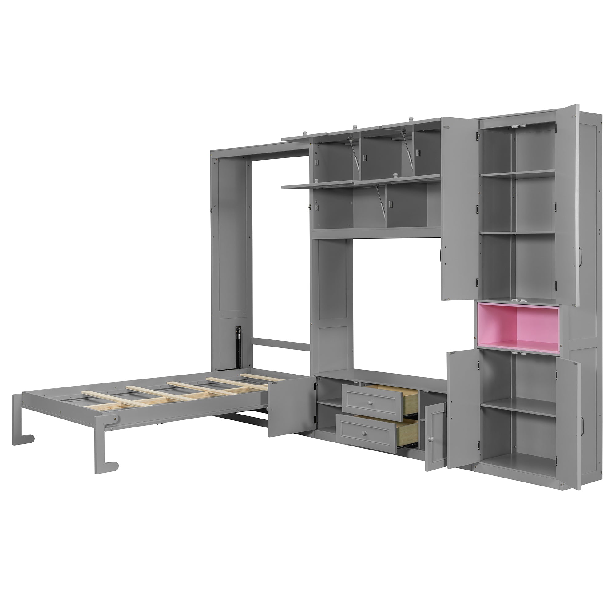 Gray solid wood Atelier Murphy Bed TV stand with drawers, designed by Anthony & Home, featuring a modern, space-saving furniture piece.