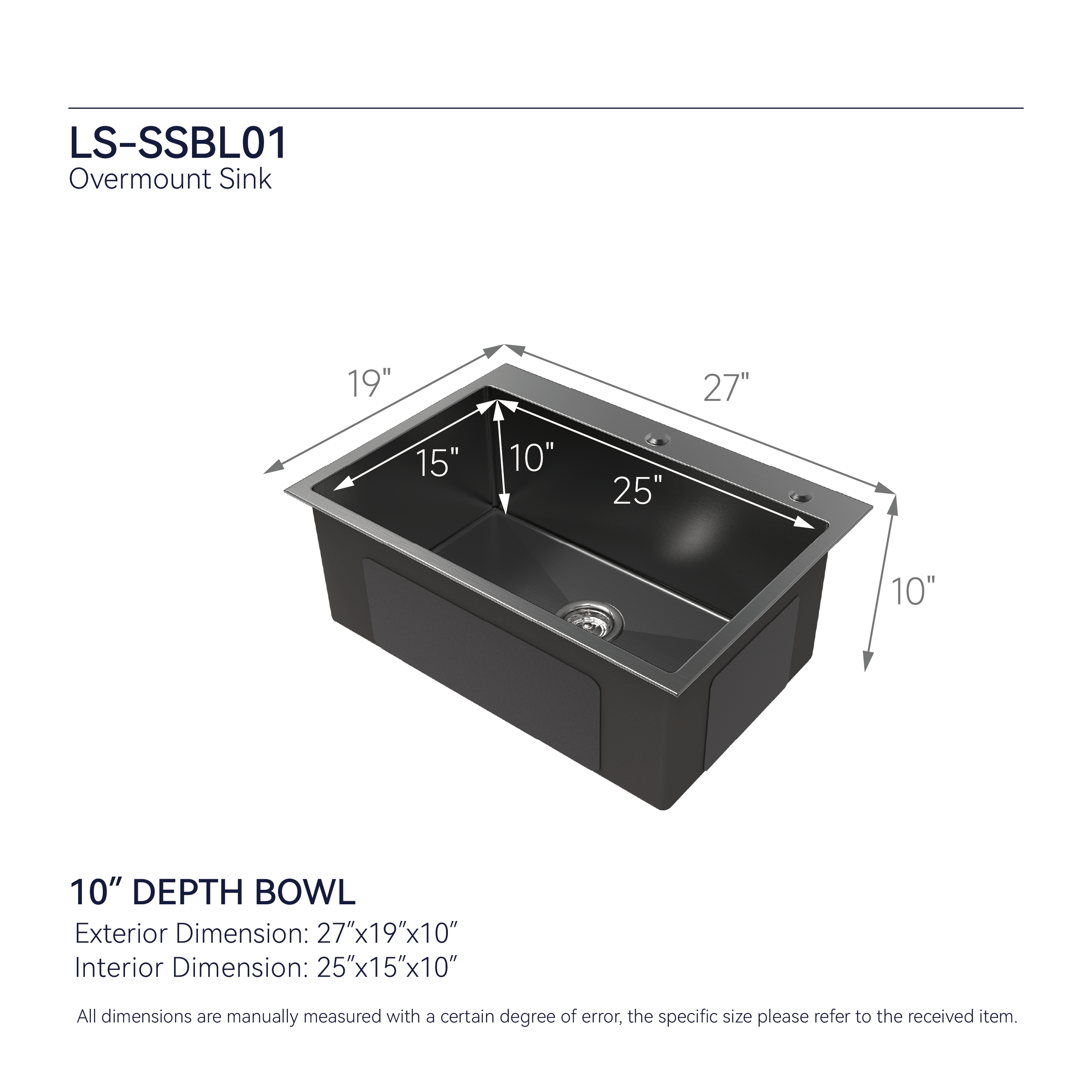 Handmade black stainless steel kitchen sink overmount by Anthony & Home, showing smooth finish and spacious basin.