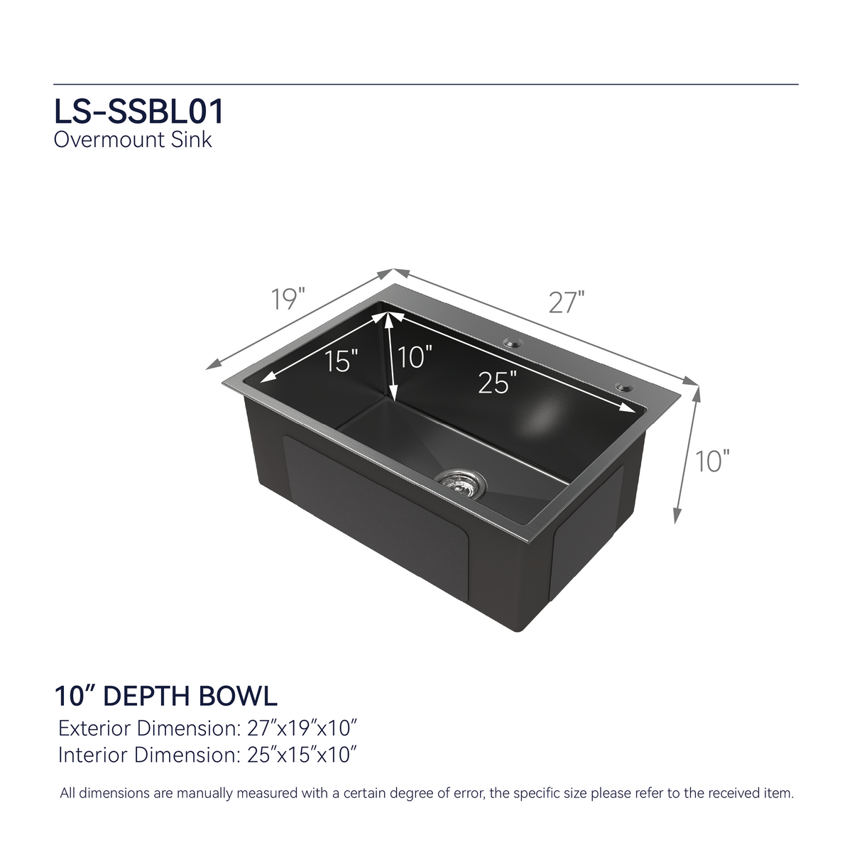 Handmade black stainless steel kitchen sink overmount by Anthony & Home, showing smooth finish and spacious basin.