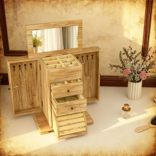 Limited Edition Wooden Jewelry Box With Mirror And Two Drawers For Rings Necklaces Earrings