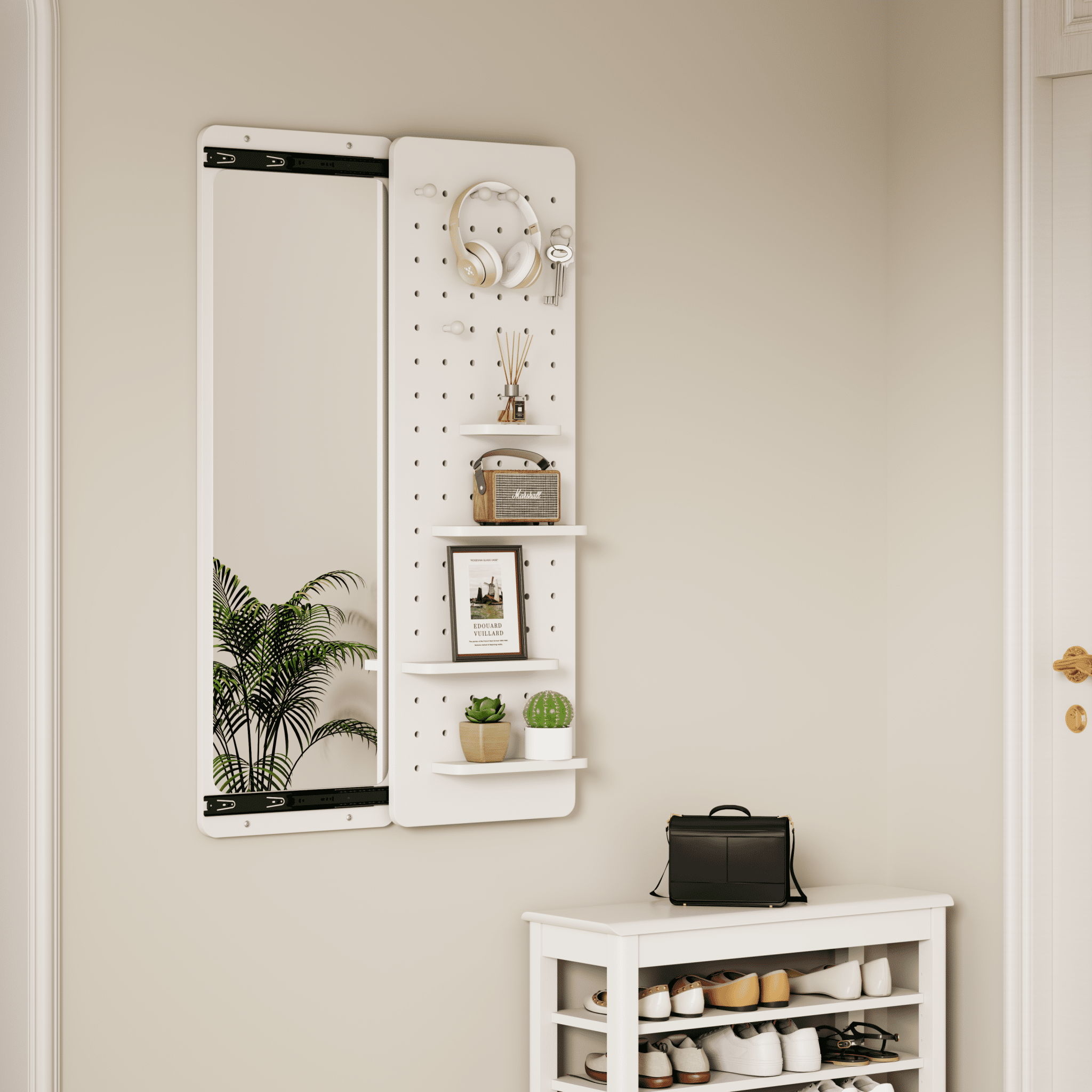 White rubber wood wall-mounted full-length mirror with shelf and hook from Anthony & Home, showcasing a modern, sleek design.