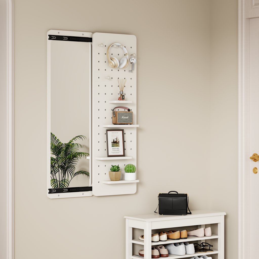 Wall Mounted Full Length Mirror With Shelf And Hook In Rubber Wood White Limited Edition