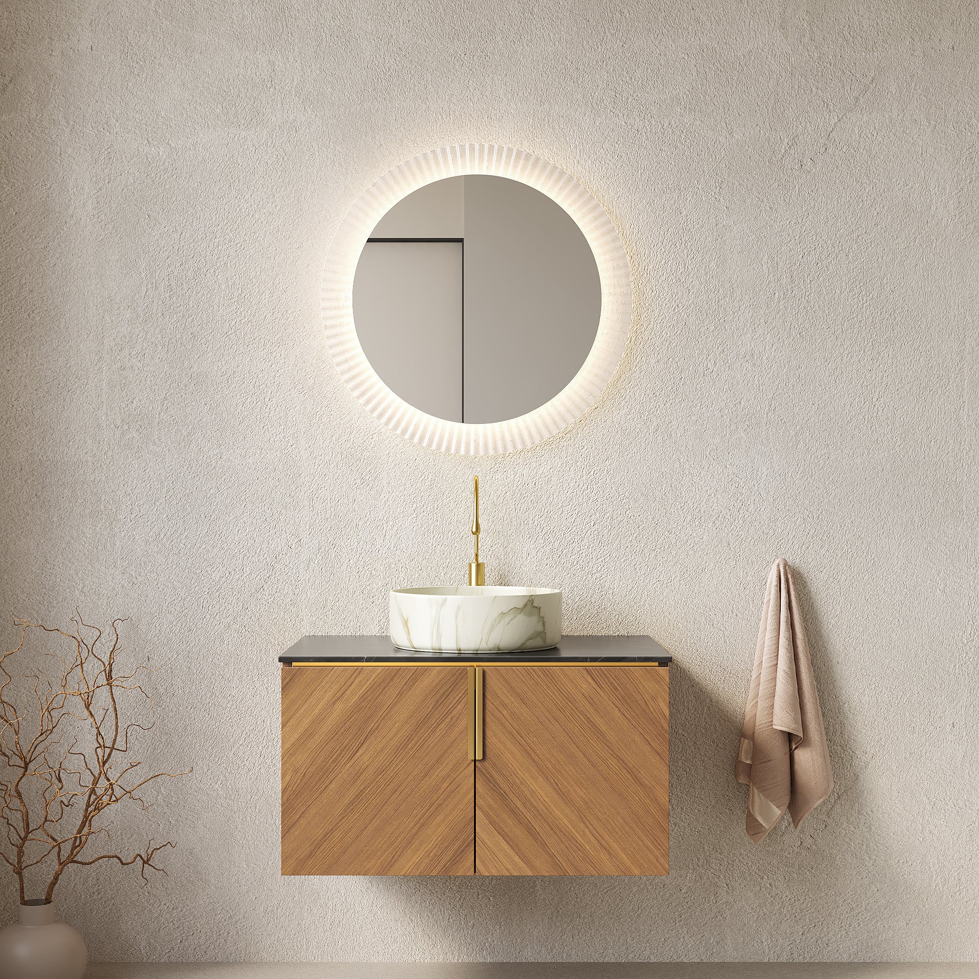 Anthony & Home Atelier floating vanity with black sintered stone countertop and white ceramic basin, modern bathroom furniture.