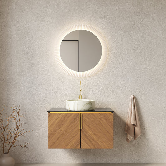 Anthony & Home Atelier floating vanity with black sintered stone countertop and white ceramic basin, modern bathroom furniture.
