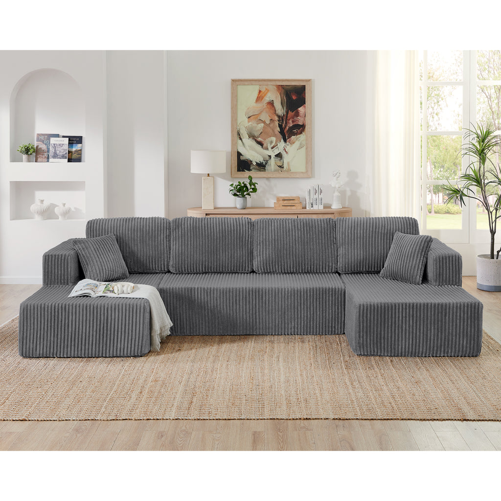 U-shape corduroy modular sectional sofa by Anthony & Home with plush cushions and modern design, shown in a stylish living room setting.
