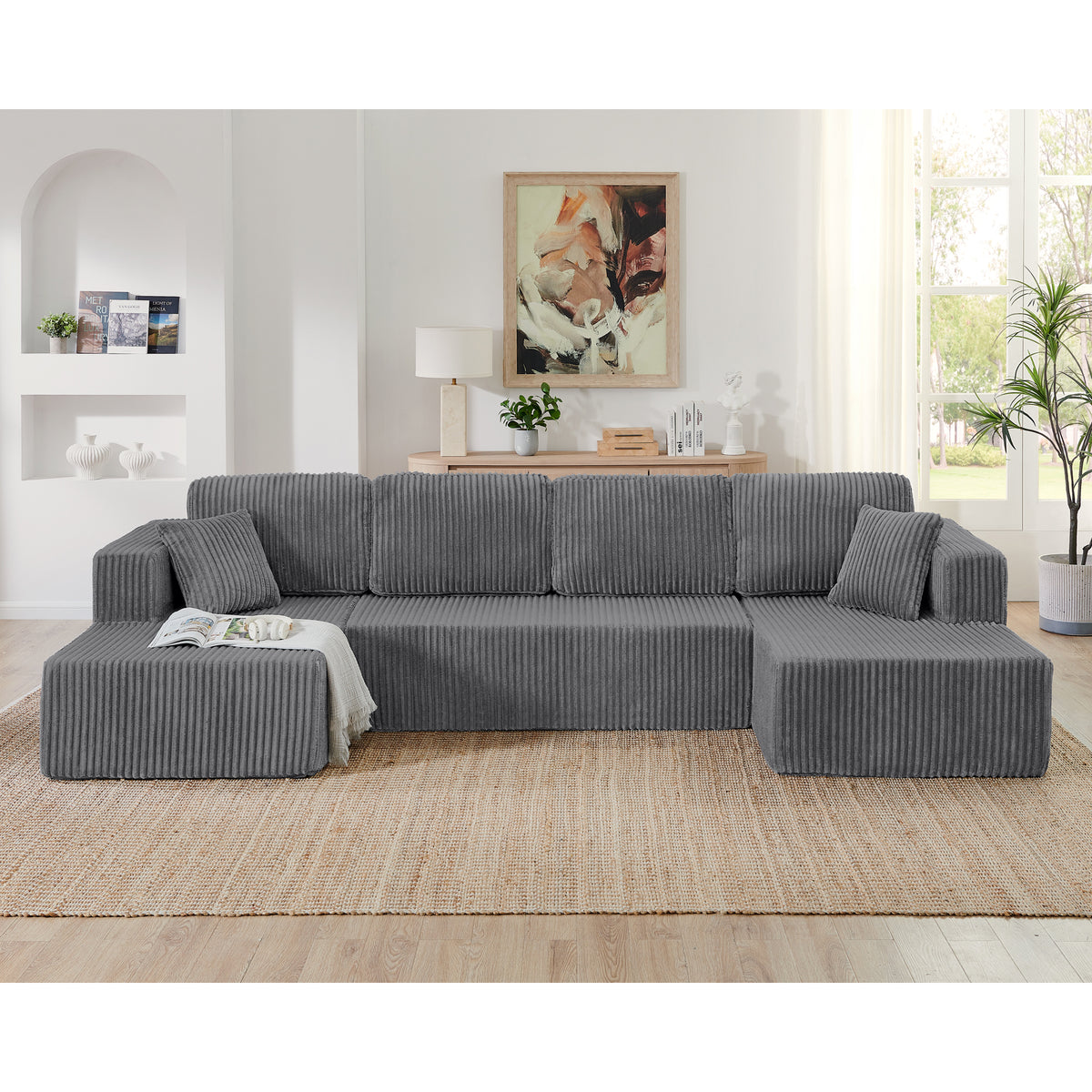 U-shape corduroy modular sectional sofa by Anthony & Home with plush cushions and modern design, shown in a stylish living room setting.