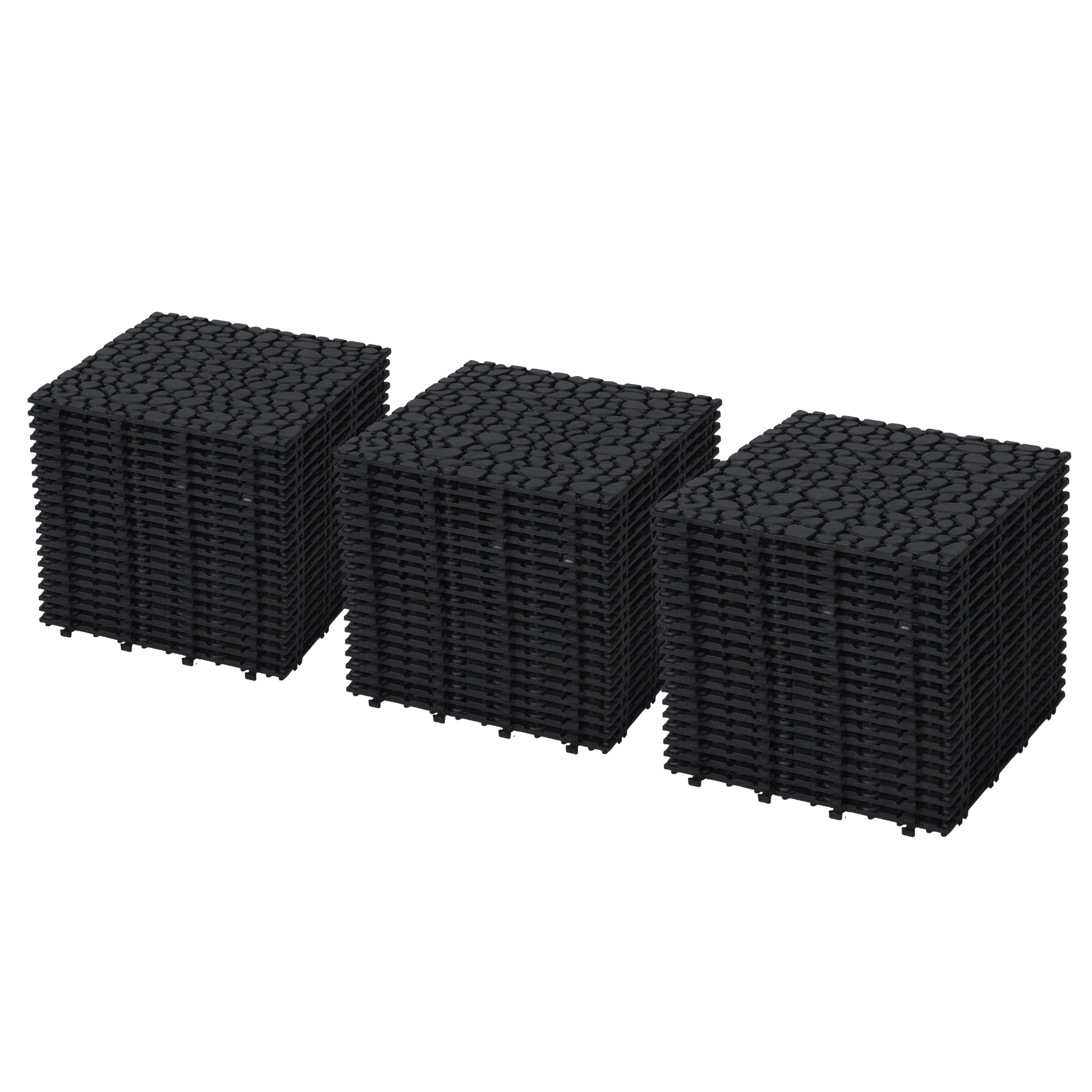 Black interlocking deck tiles from Anthony & Home, 12x12 inch all-weather anti-slip polymer for outdoor and indoor use.