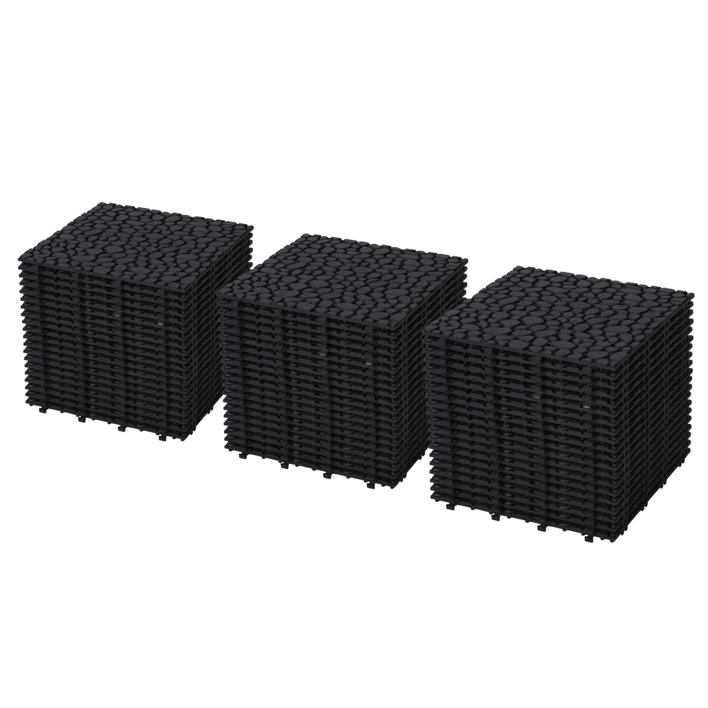 Black interlocking deck tiles from Anthony & Home, 12x12 inch all-weather anti-slip polymer for outdoor and indoor use.