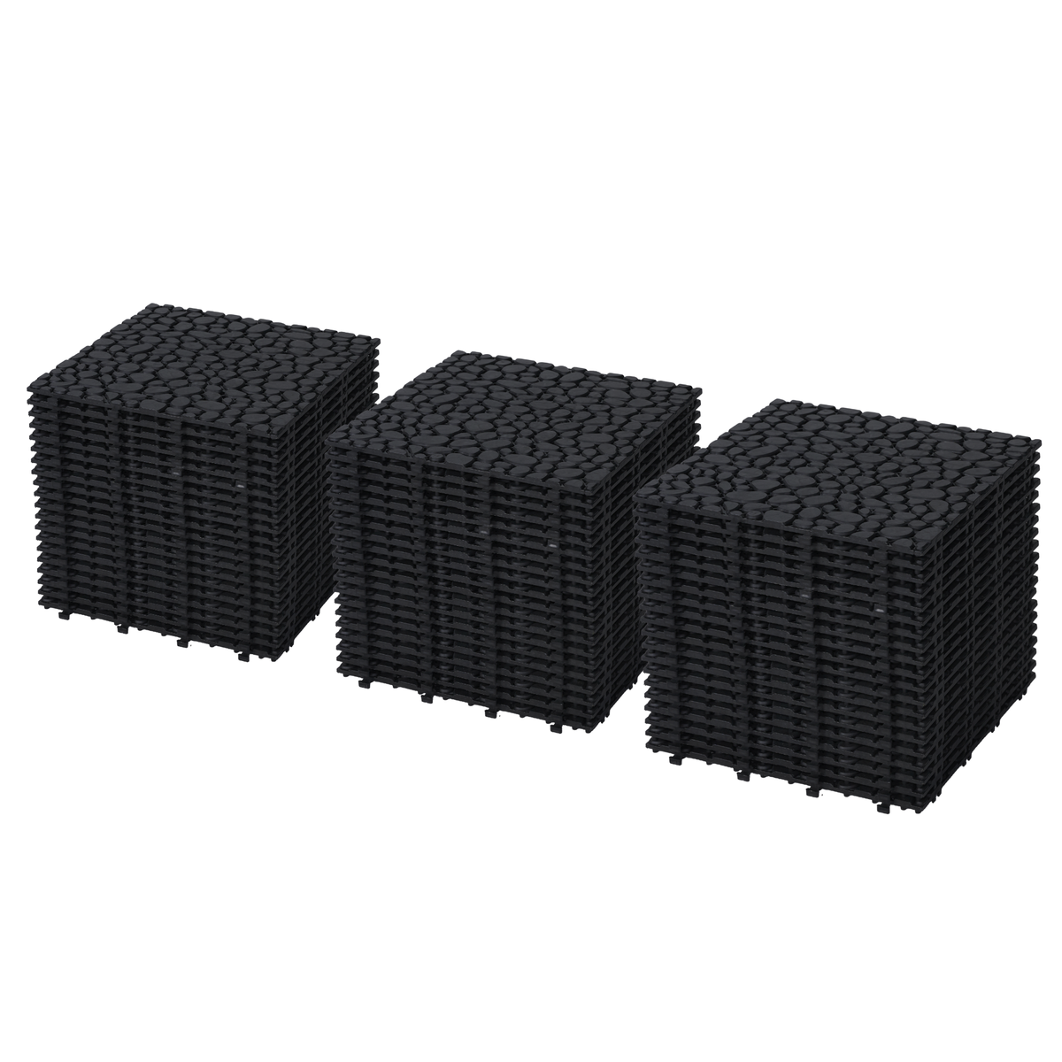 Black interlocking deck tiles from Anthony & Home, 12x12 inch all-weather anti-slip polymer for outdoor and indoor use.