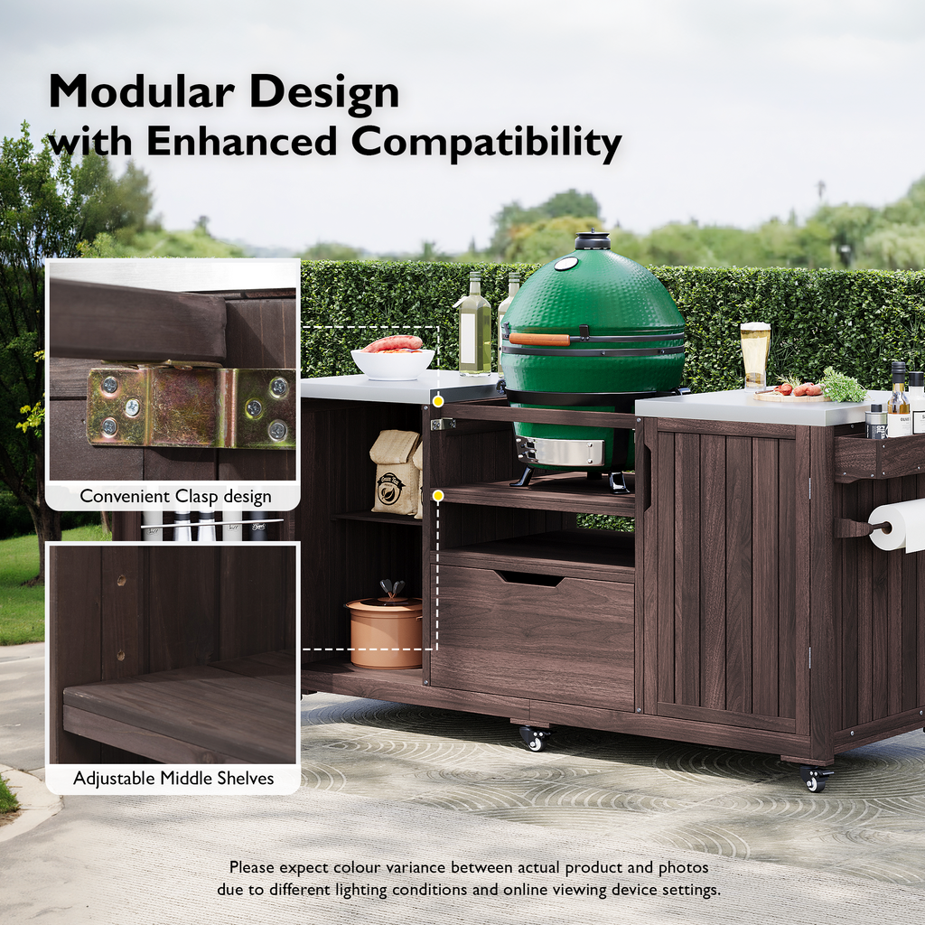 Anthony & Home Atelier Edition outdoor kitchen island with solid wood construction, designed for Kamado grills, outdoor cooking setup