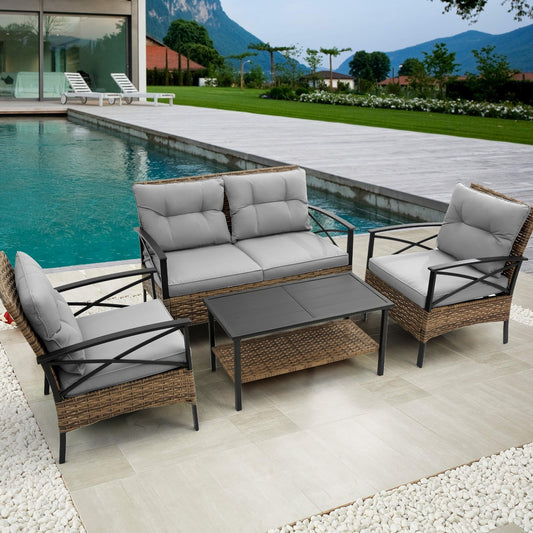 Patio 4 Piece Sectional Sofa Set KD Rattan Wicker Outdoor
