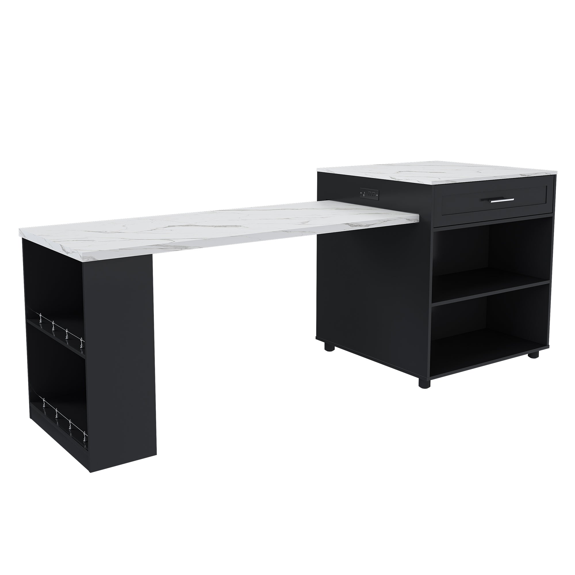 Anthony & Home Studio Marble-Grain Countertop Kitchen Island with expandable surface and storage drawers.