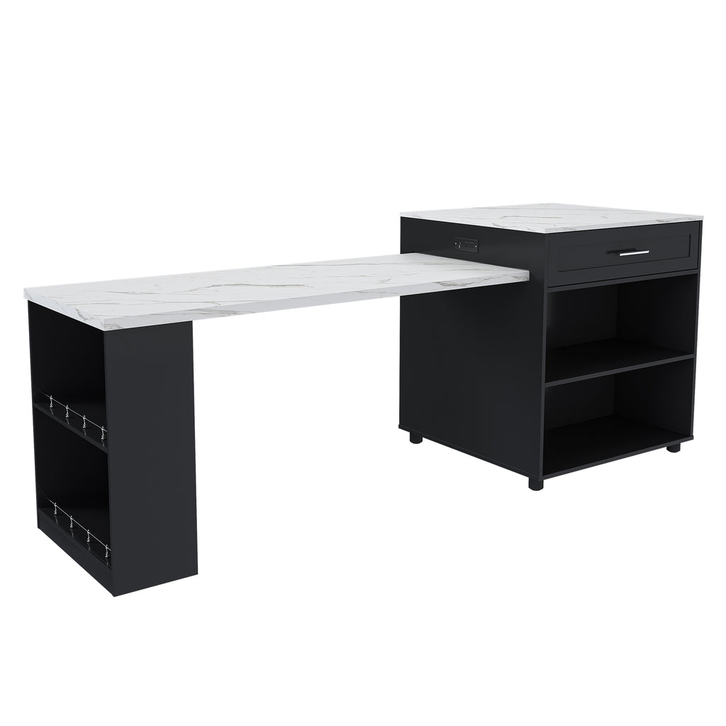 Black Expandable Kitchen Island with Marble - Grain Countertop, Power Outlet, Mobile Storage Cart with Cabinet & 2 Drawers, 80 - Inch Dining Table - Anthony & Home
