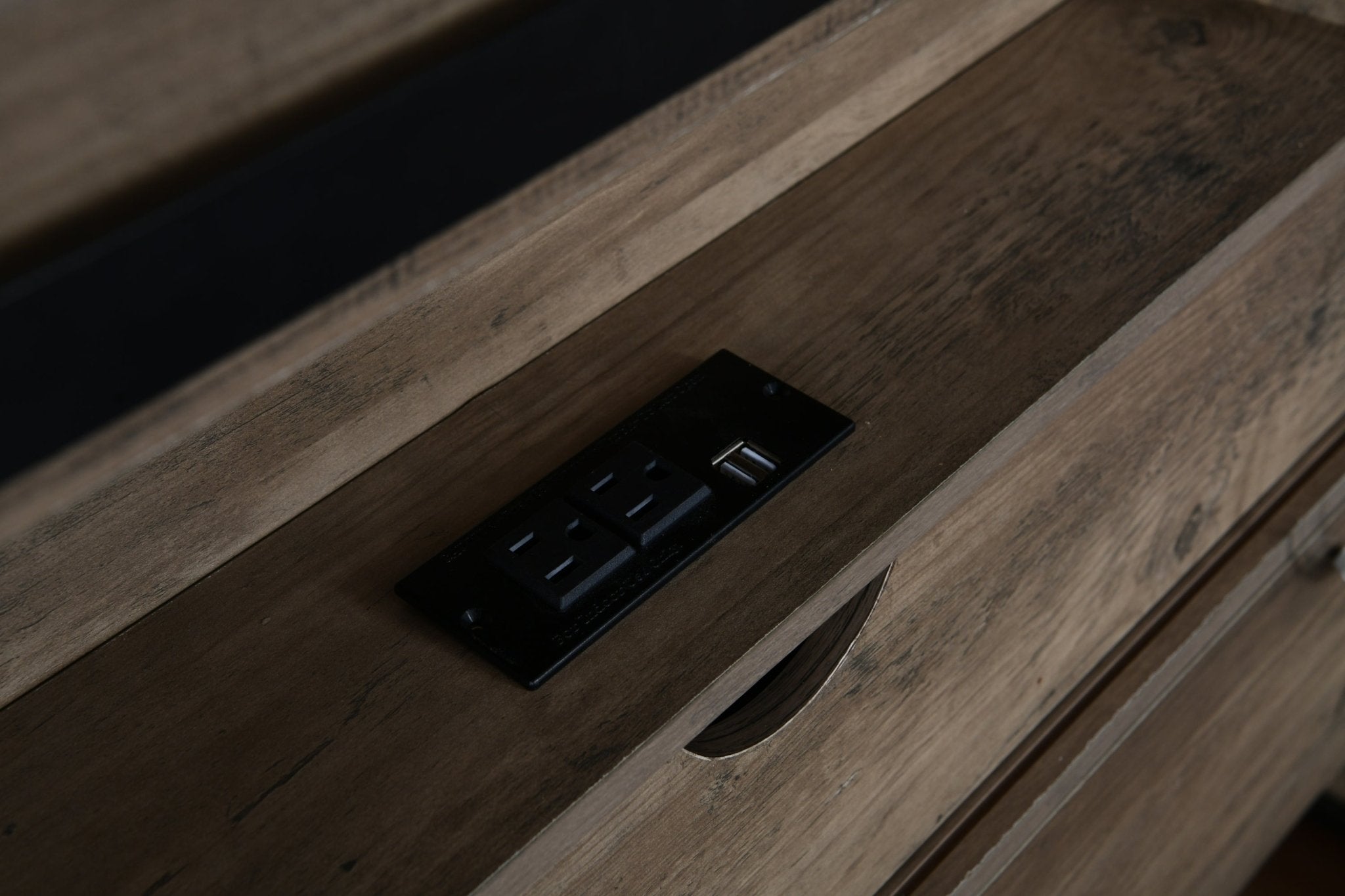 Anthony & Home farmhouse queen bed frame in grey with rustic wood finish, LED lighting, charging station, and storage drawers.