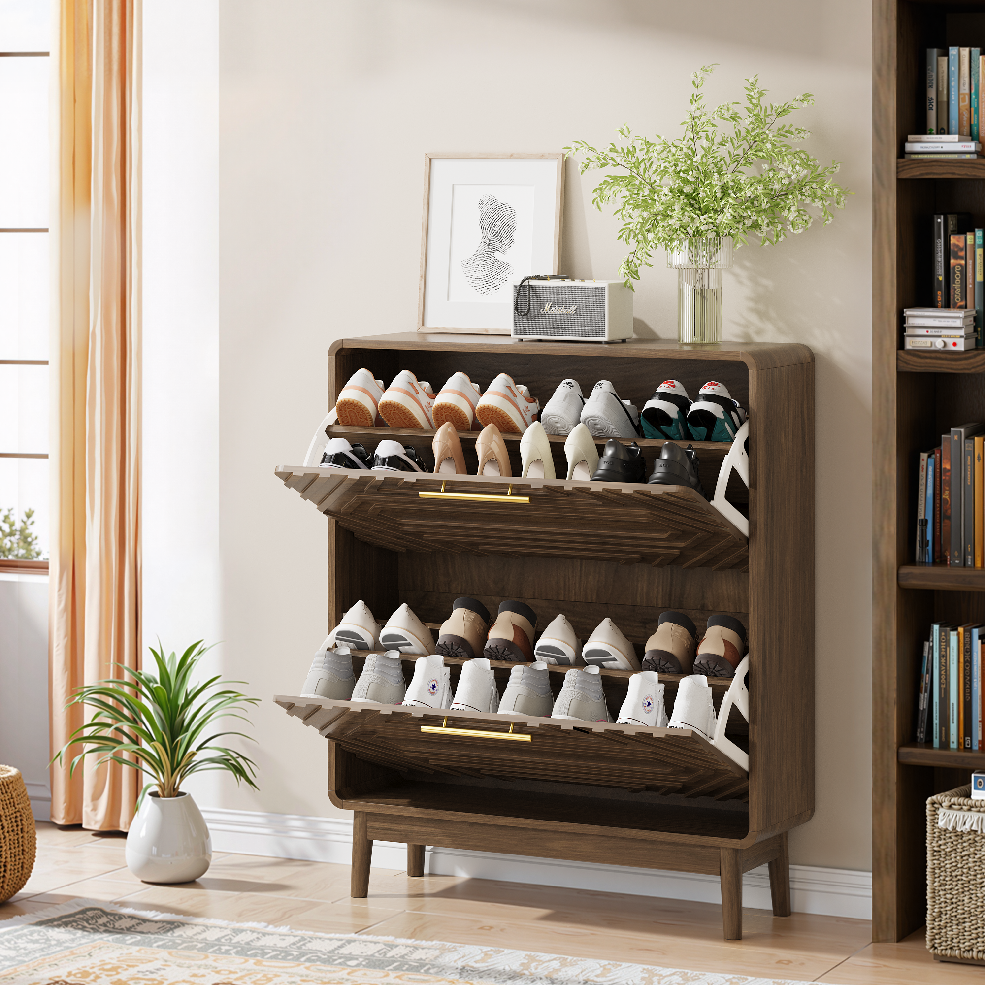 Walnut mid-century shoe cabinet by Anthony & Home with two flip-top drawers and sleek modern design.