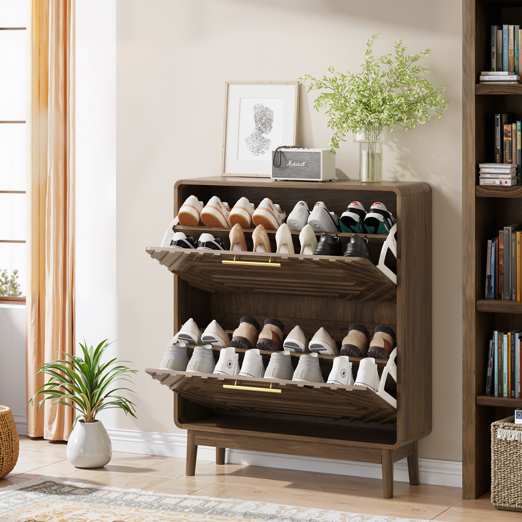 Walnut mid-century shoe cabinet by Anthony & Home with two flip-top drawers and sleek modern design.