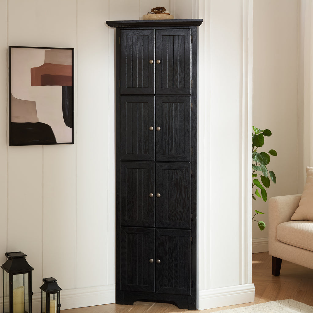 Corner pantry cabinet in matte black finish from Anthony & Home Studio Collection, featuring multiple storage shelves and modern design.