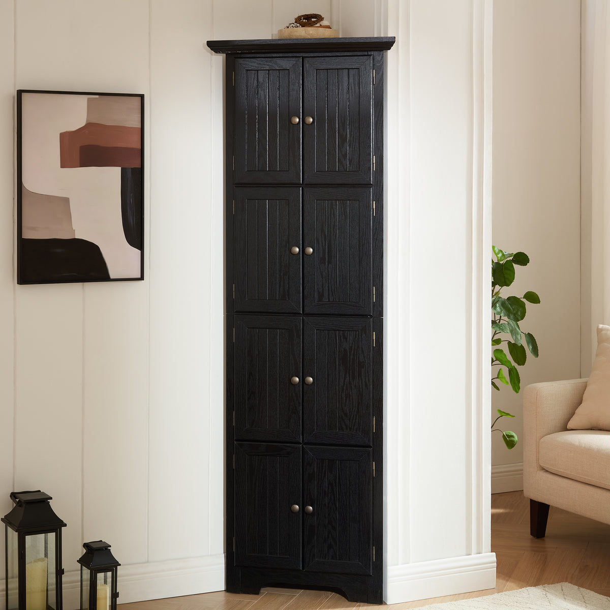 Corner pantry cabinet in matte black finish from Anthony & Home Studio Collection, featuring multiple storage shelves and modern design.
