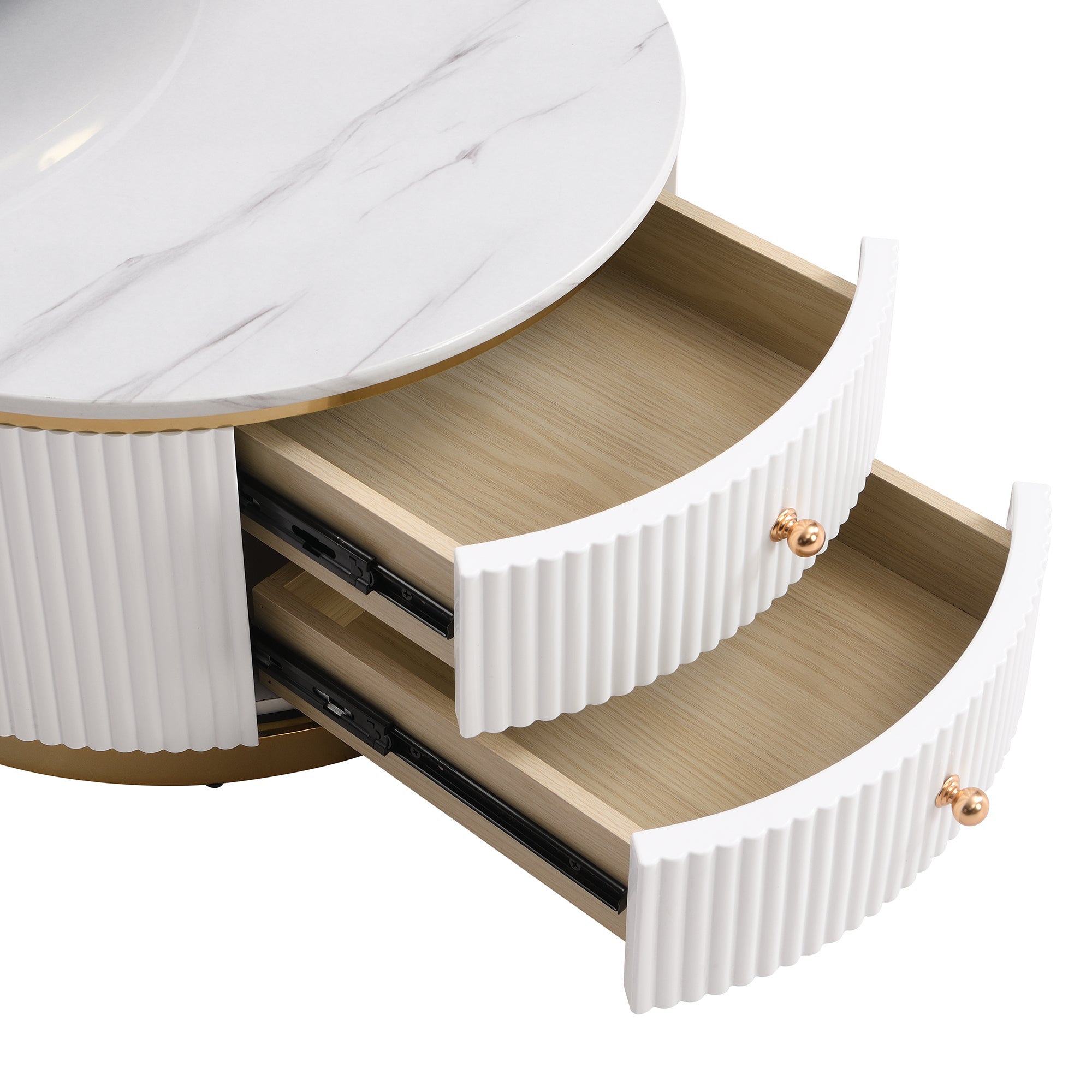Gold and white round nesting coffee tables with drawers from Anthony & Home, featuring a modern design and sleek finish.