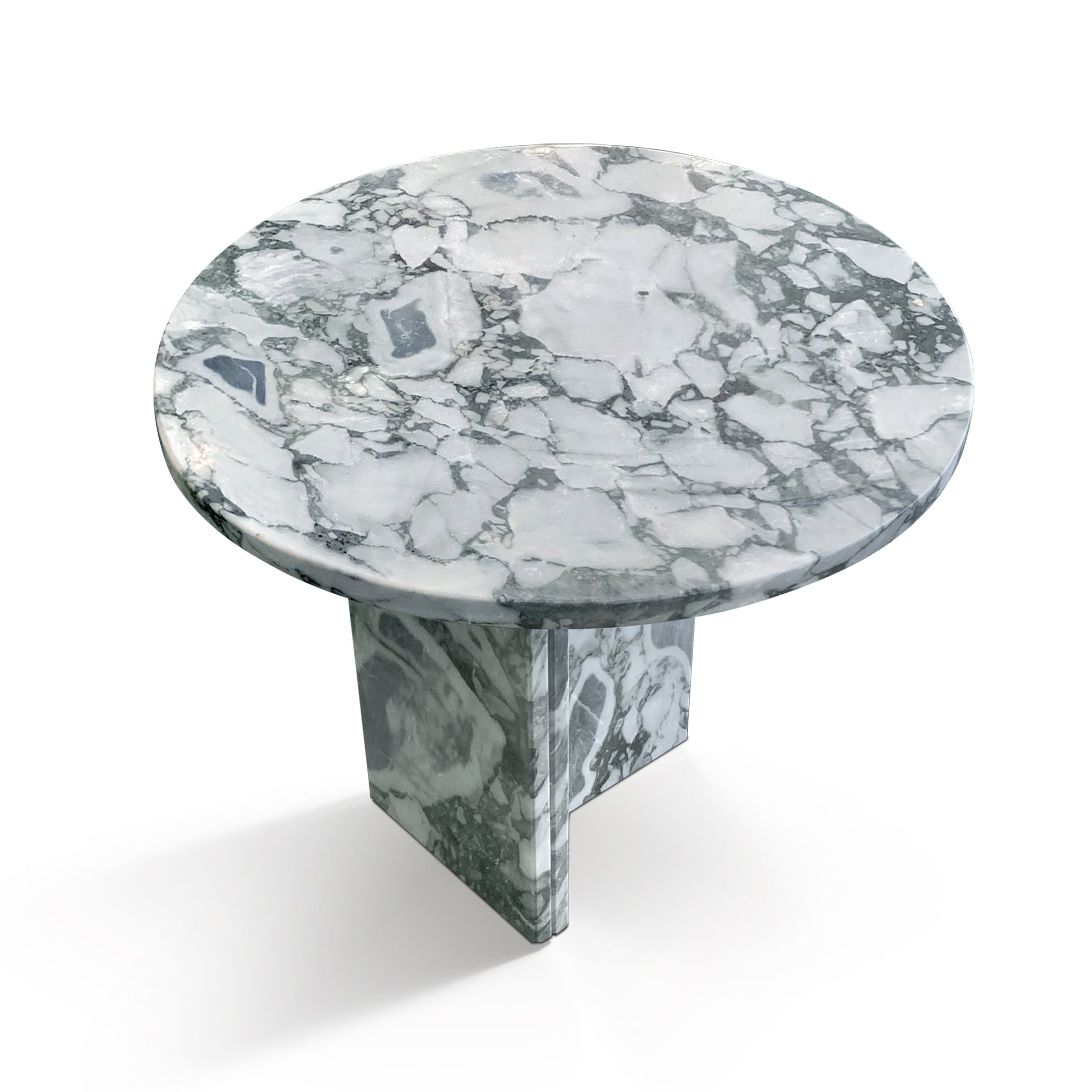 Blue grey marble round coffee table by Anthony & Home with a sleek, modern design and polished surface.