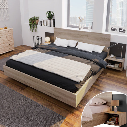 Oak Sonoma Dark Gray Wooden Double Bed With Two Nightstands