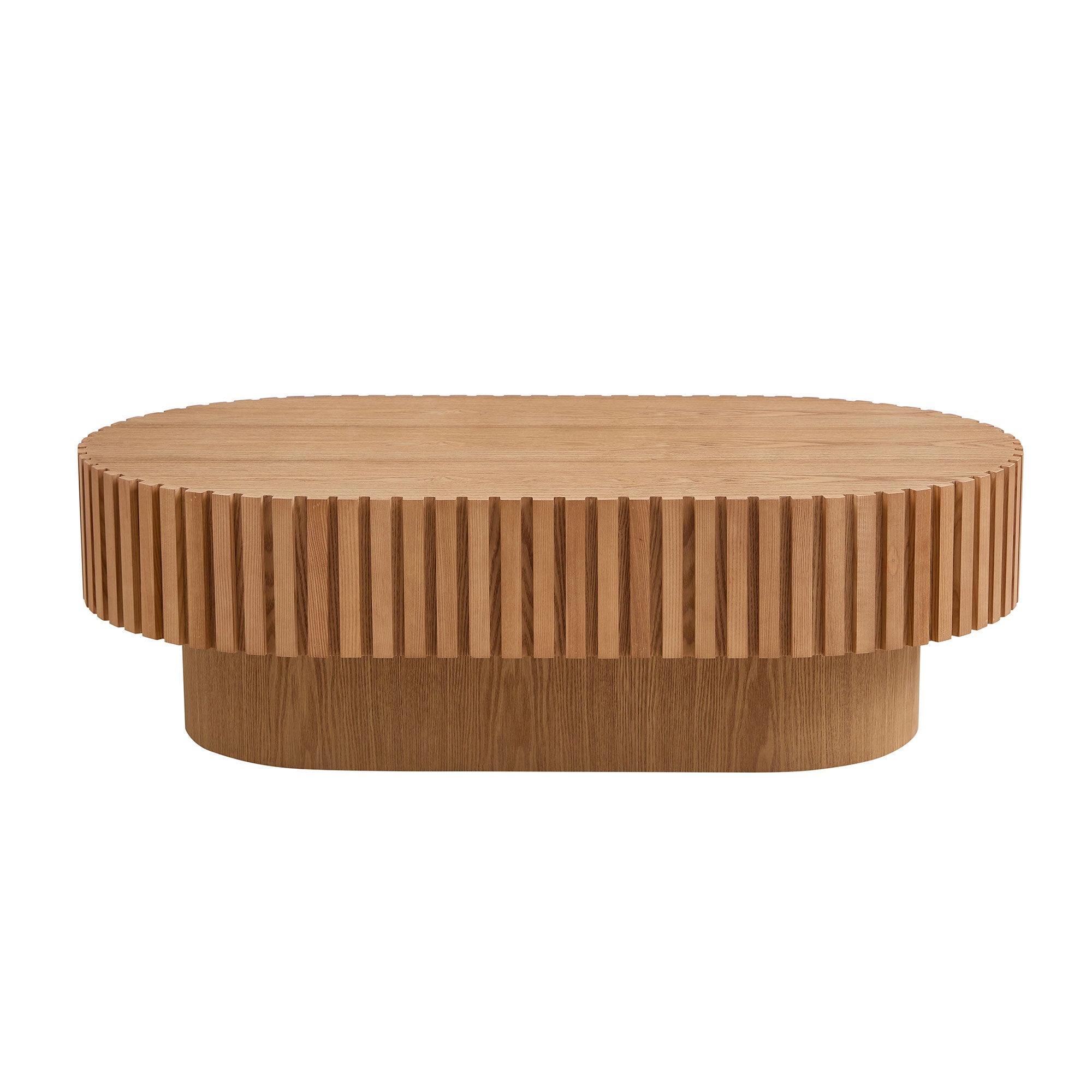 Oval drum coffee table in ash finish by Anthony & Home, 43.7 inches wide, showing smooth wood surface and modern design.