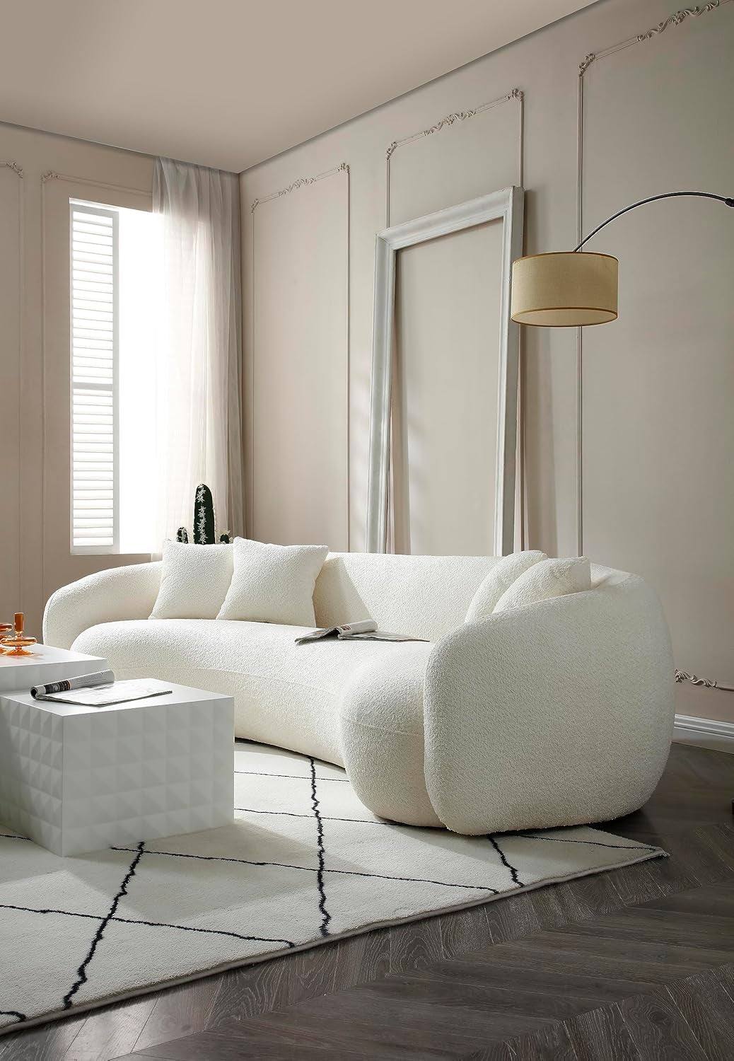 Minimalist Curved Sofa Set,Mid-Century 5 Seat Teddy Fleece Boucle Couch with 4 Throw Pillows, Oversized Cloud Sofa & Couches Decor Furniture for Living Room-3
