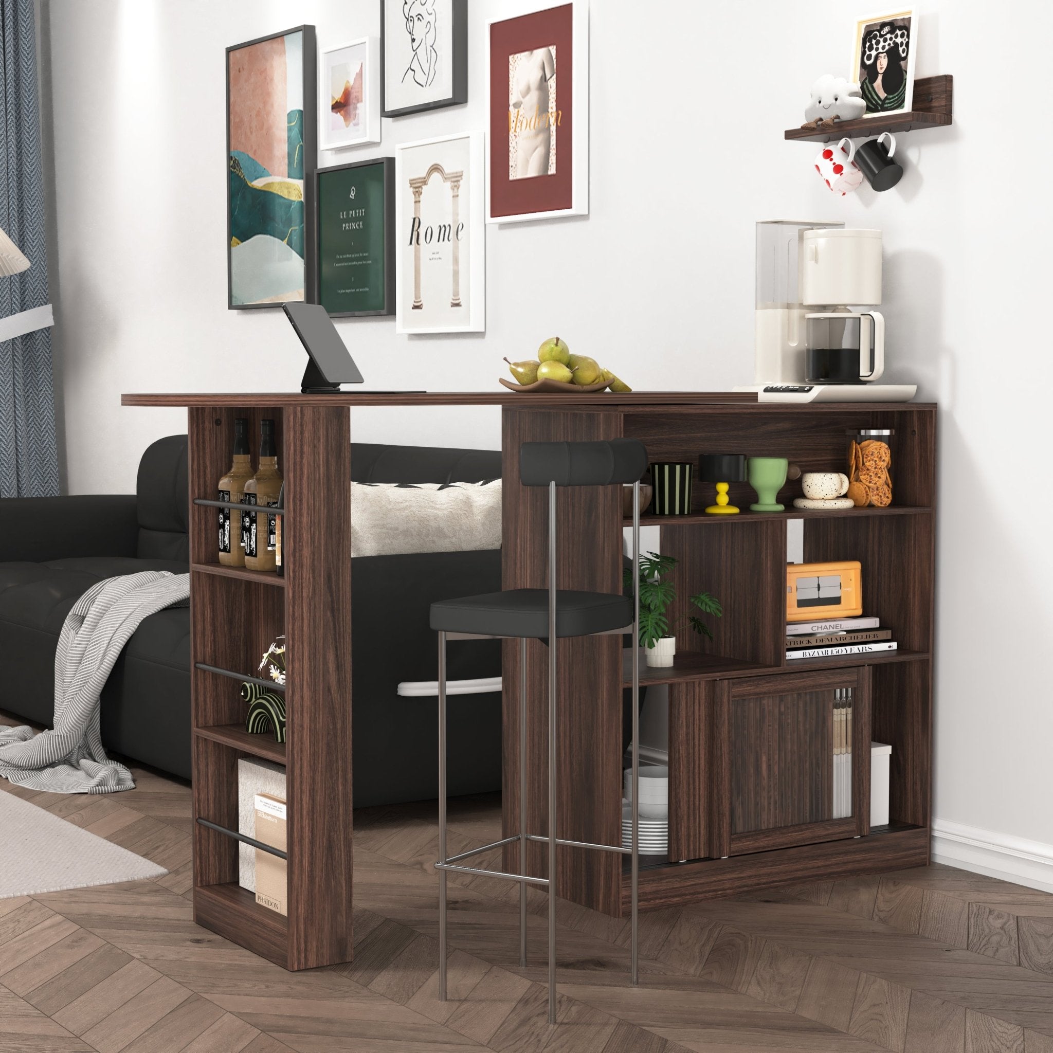 Walnut bar cabinet with rotating top, six storage compartments, and ribbed glass doors from Anthony & Home Atelier Collection.