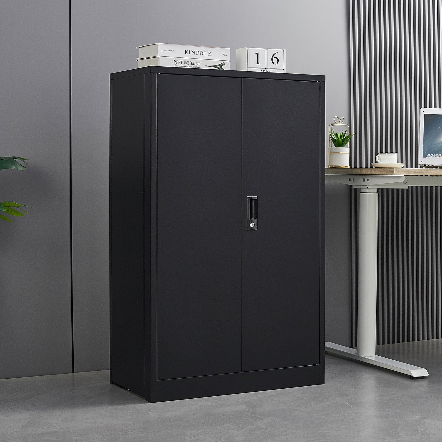 Anthony & Home Elite Series Filing Cabinet with multiple drawers, made of black metal, shown in a modern office setting.