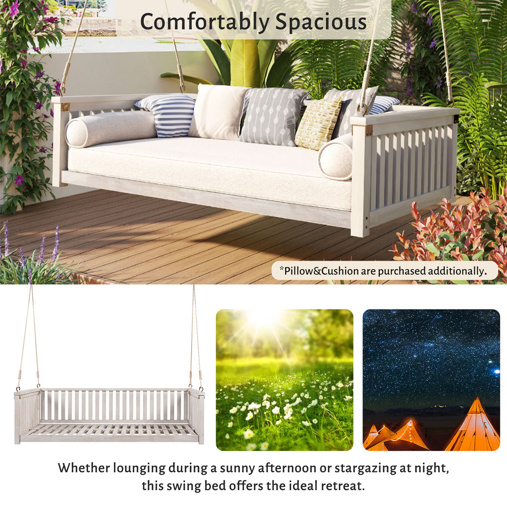 Anthony & Home Topmax Studio solid wood twin size porch swing with ropes, showing the sturdy wooden seat and hanging ropes.