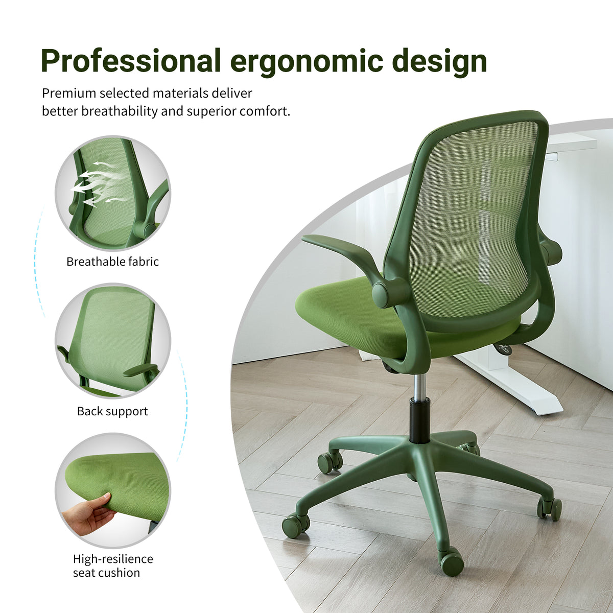 Anthony & Home ergonomic green office chair with mesh back, height adjustable, rotating, supports up to 350 lbs.