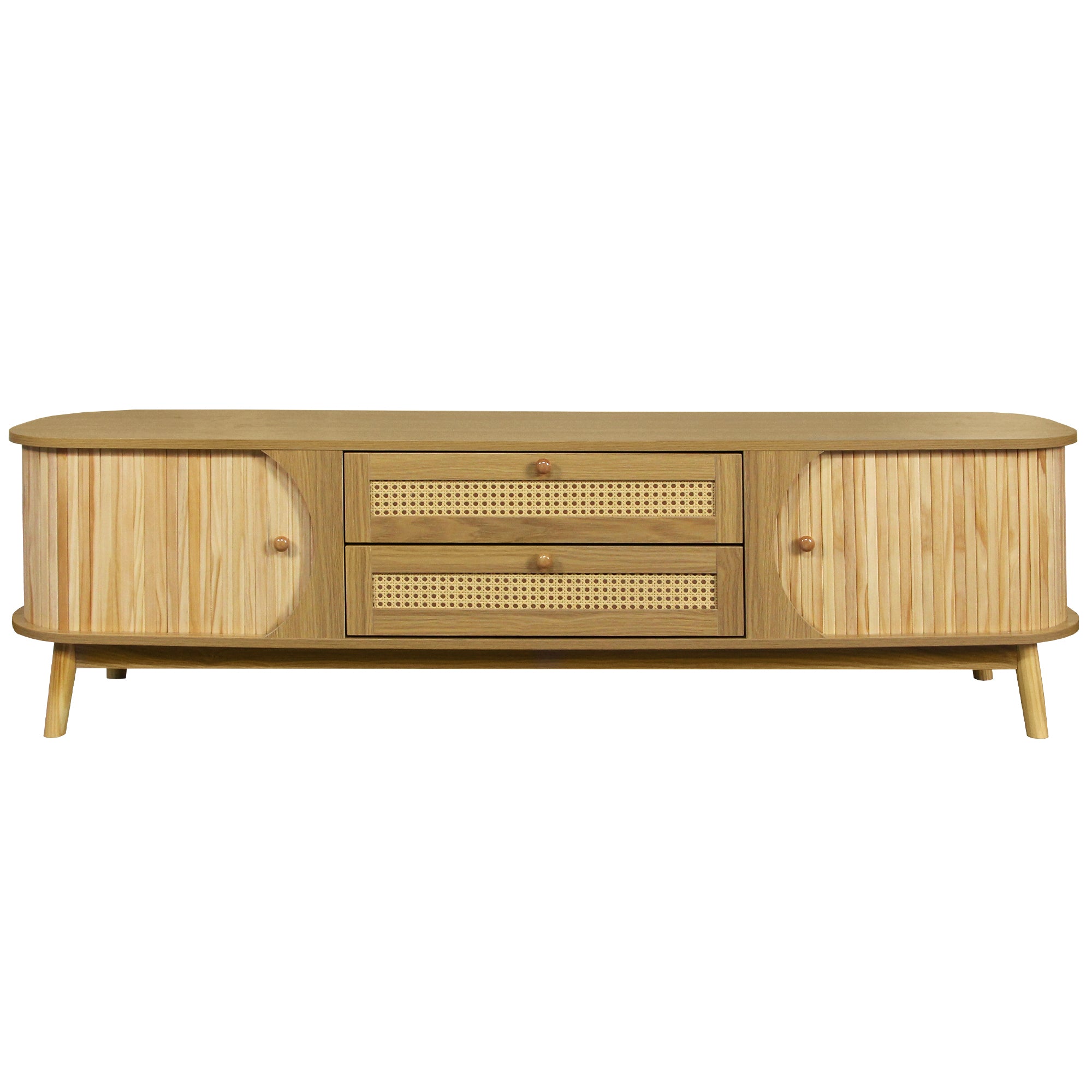 Rattan Anthony & Home studio television console with open shelves and natural woven rattan design.