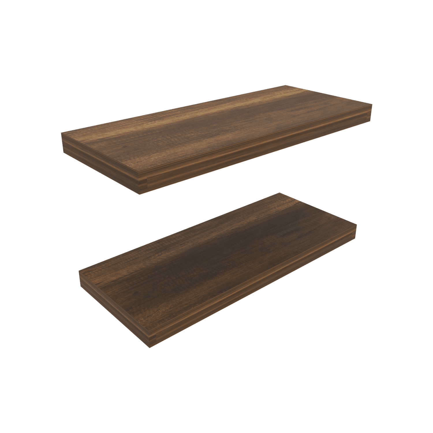 Walnut floating shelves from Anthony & Home's Elite Edition two-shelf system, showcasing sleek wood design and modern wall mounting.