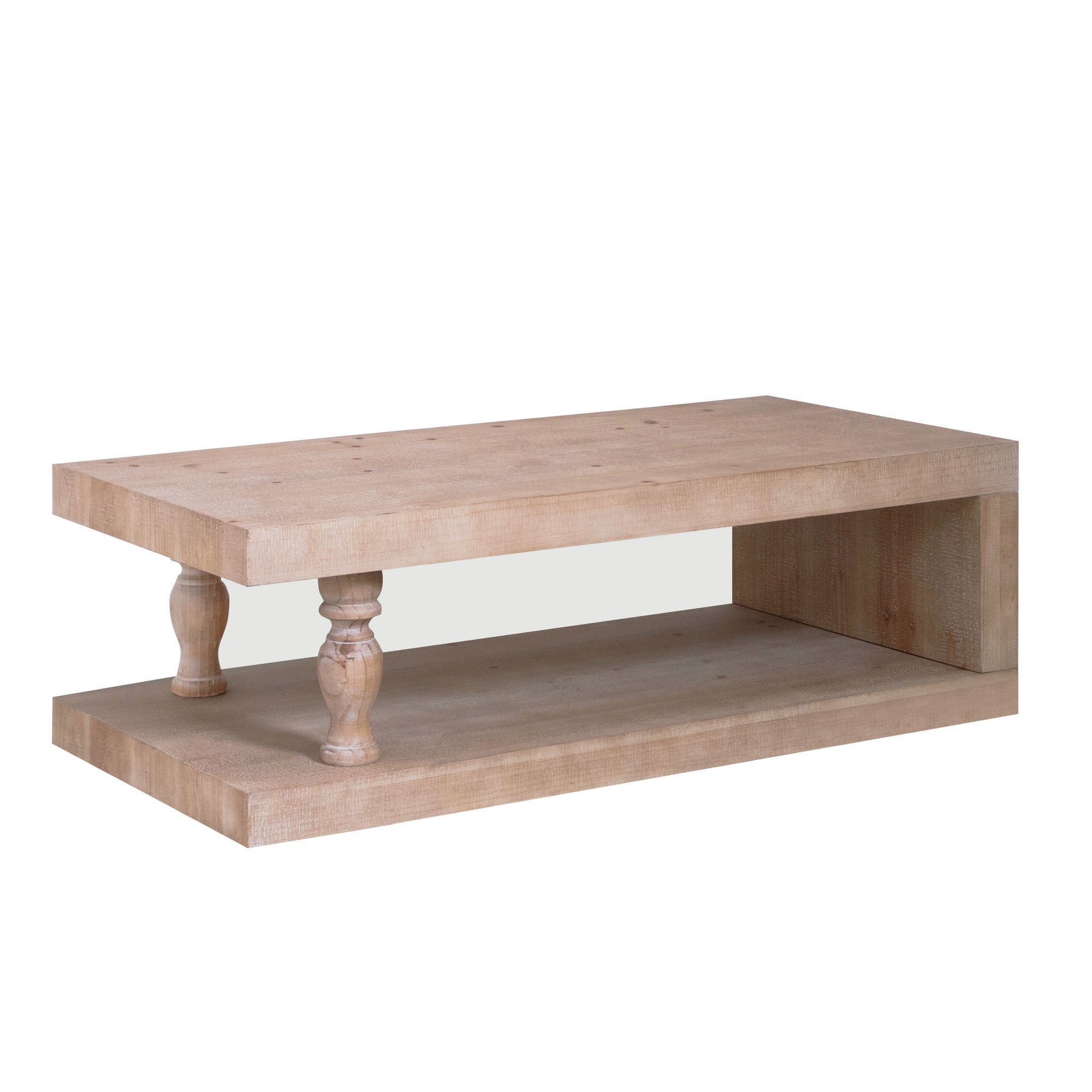 Light natural finish solid wood coffee table with open shelf from Anthony & Home's modern farmhouse collection, showcasing a sleek design.